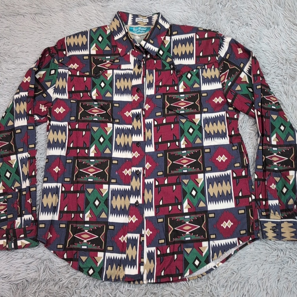Vintage Southwest Canyon Shirt Womens‎ L Aztec Button Up Cowgirl Rodeo Chore